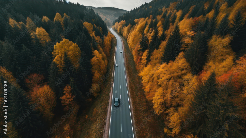 Poster aerial view of the road in the autumn forest. top view from drone. generative ai