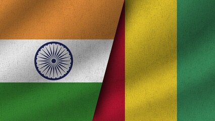 Guinea and India Realistic Two Flags Together, 3D Illustration