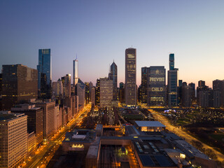 Cityscape of Chicago Riverwalk at Dusable bridge over Michigan river