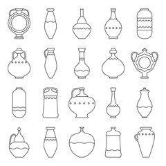 Outline vases and pots collection. Set ceramic jar in minimalist linear style. Vector illustration with bowl for liquids of various shapes. Vase pottery with decorative elements