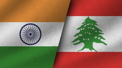 Lebanon and India Realistic Two Flags Together, 3D Illustration