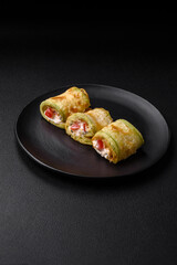 Delicious healthy vegetarian vegetable roll of zucchini, tomatoes, peppers and sauce