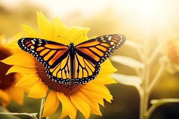 colorful butterfly perched on a vibrant sunflower in a sunny field. Generative AI