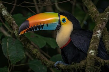Fototapeta premium vibrant toucan sitting on a tree branch with a tropical background. Generative AI