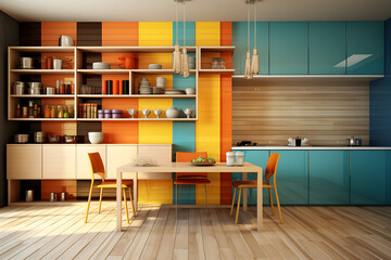 modern colourful living dining room with kitchen