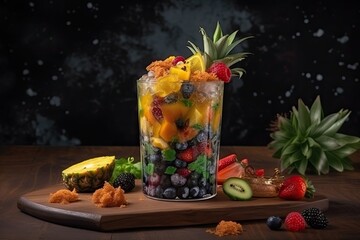 fresh and colorful fruit salad in a tall glass on a wooden cutting board. Generative AI