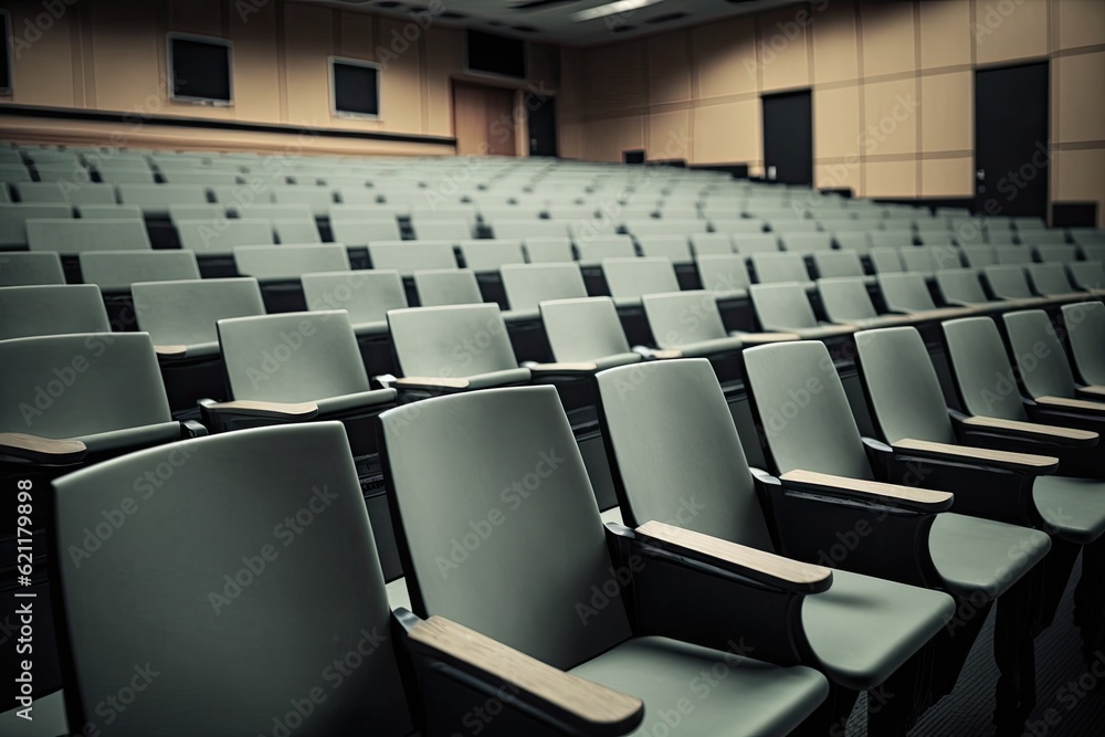 Sticker n empty lecture hall with rows of chairs and a podium at the front. Generative AI