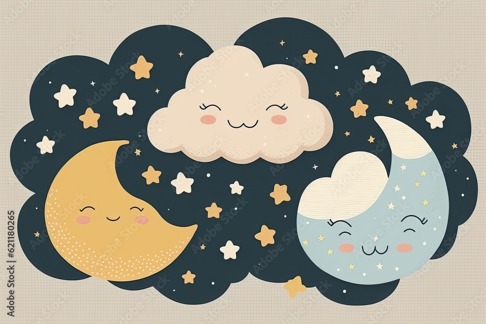 Wall mural cute cartoon moon and cloud with stars in the background. generative ai