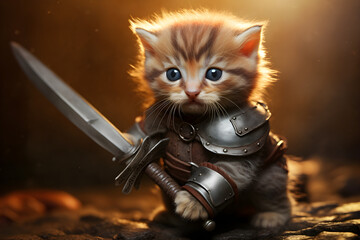 kitten knight wearing suit of armour holding claymore sword