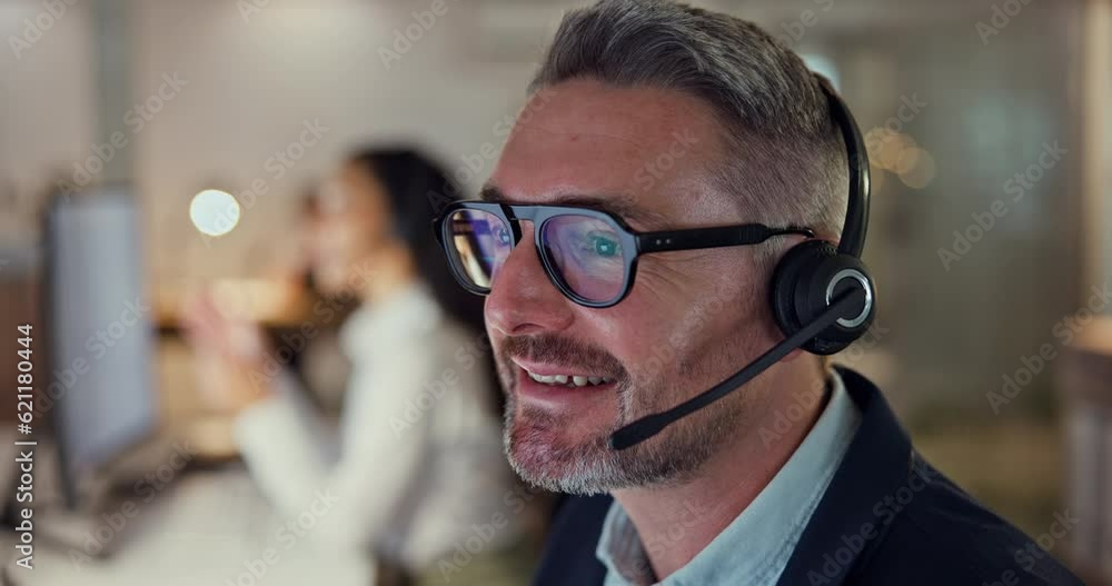 Aufkleber contact center agent, negotiation and man consulting with advice, lead generation or help desk worke