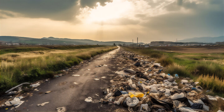 AI generative panoramic image of the road full of trash and garbage. Environment pollution problems