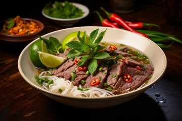 steaming bowl of Vietnamese Pho, this traditional noodle soup with thinly sliced beef, fresh herbs, and lime on the side