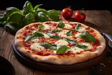  traditionally made Italian pizza, fresh out of the wood-fired oven. Mozzarella cheese melting over a rich tomato base, topped with fresh basil leaves, the pizza sits on a rustic wooden table