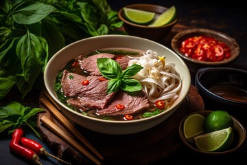 steaming bowl of Vietnamese Pho, this traditional noodle soup with thinly sliced beef, fresh herbs, and lime on the side - obrazy, fototapety, plakaty