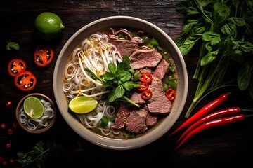 steaming bowl of Vietnamese Pho, this traditional noodle soup with thinly sliced beef, fresh herbs, and lime on the side