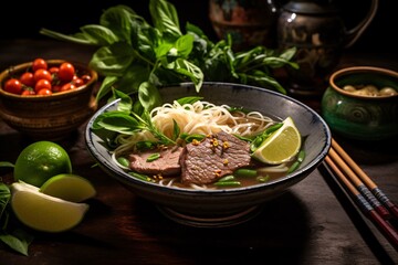 steaming bowl of Vietnamese Pho, this traditional noodle soup with thinly sliced beef, fresh herbs, and lime on the side