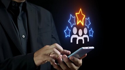 Businessman or customer give rating to service experience on virtual touch screen and thinking about rows of star to review satisfaction feedback survey, Customer service evaluation concept