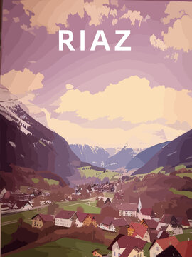Riaz: Retro tourism poster with a Swiss landscape and the headline Riaz in Fribourg