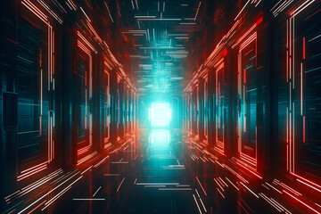 Tunnel with red and blue lights and bright light at the end. Generative AI.