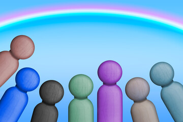 Diversity, inclusion, and LGBTQ concepts displayed with multi-colored characters standing underneath a rainbow.