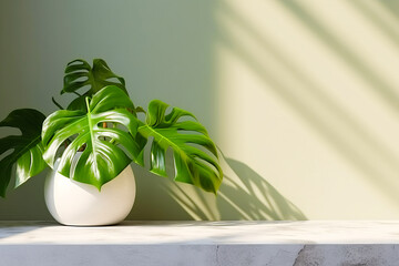 Obraz na płótnie Canvas Large green plant in white pot on ledge next to wall. Generative AI.