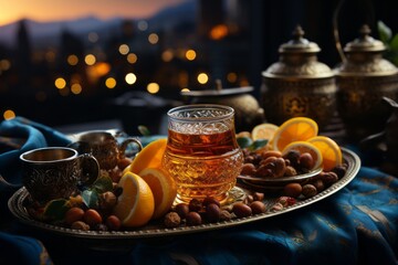 Traditional Moroccan tea set on a patterned rug, capturing the essence of Moroccan hospitality. Generative Ai