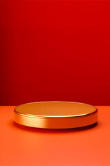 Gold plate on orange surface with red wall in the background. Generative AI.