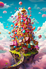 Very colorful castle with lots of balloons floating in the sky above it. Generative AI.