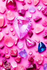 Pink heart surrounded by pink and blue crystals on bright pink background. Generative AI.