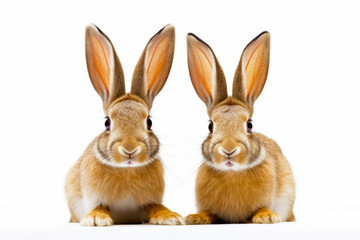 Couple of rabbits sitting next to each other on white surface with white background. Generative AI.