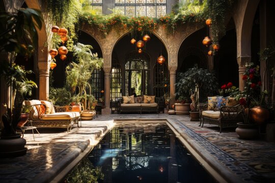 Decorated Moroccan Riad courtyard, featuring colorful tiles, lush plants, and a central fountain, conveying the tranquil and exotic atmosphere. Generative Ai