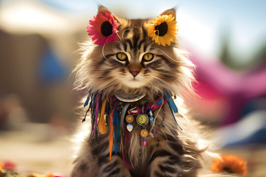 portrait of a hippy cat at a music festival