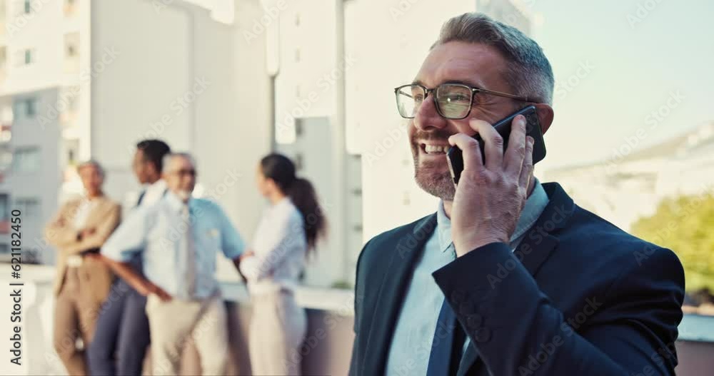 Poster smile, talking and businessman on a phone call at work for networking or communication. happy, ceo a