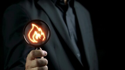 Businessman showing magnifying glass focus on flaming fire icon and "HOT SALE" text banner. Business promotion, mega sale, hot deal shopping and discount concept.