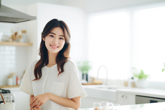 キッチンに立つ笑顔の女性（AI生成）