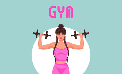 Fitness girl in gym, barbells dumbbells fitness, crossfit logo