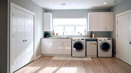 Interior clean white laundry room with front load washer and dryer units , condo, home, Created with Generative Ai Technology