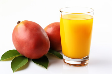 mango fruit and glass of mango juice on isolated white background, generative ai