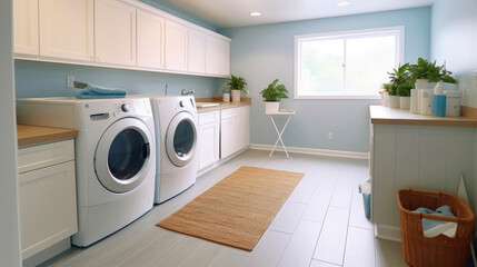 Interior clean white laundry room with front load washer and dryer units , condo, home, Created with Generative Ai Technology - obrazy, fototapety, plakaty