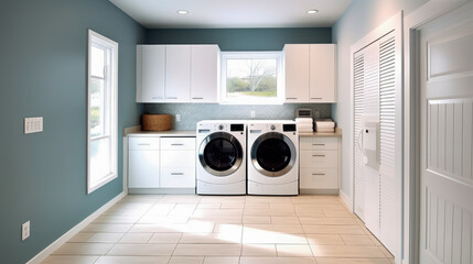 Interior clean white laundry room with front load washer and dryer units , condo, home, Created with Generative Ai Technology - obrazy, fototapety, plakaty