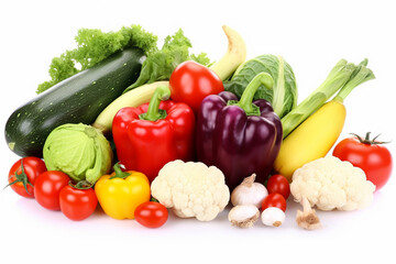 Composition with variety of fresh organic vegetable on isolated white background, generative ai