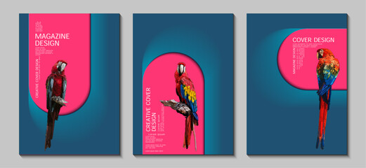 Posters design templates with geometric patterns and birds. Color contrast. Ideas for magazine covers, brochures and posters. Vector illustration.