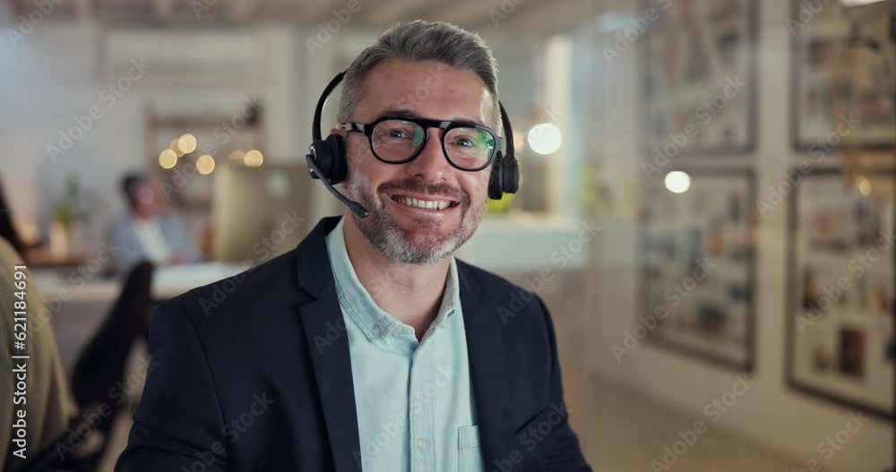 Poster face of callcenter agent, smile and man consulting with advice, sales or help desk worker with heads