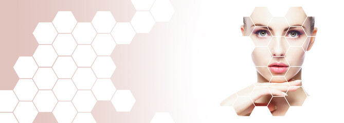 Portrait of healthy and beautiful woman. Female face in honeycomb texture. Young girl in plastic surgery, medicine, spa and face lifting concept.