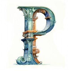 Capital Alphabet Letter P. Colorful Digital Drawing Watercolor. Generative AI illustration.