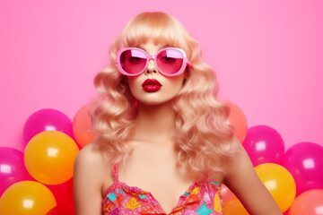 Blonde woman wearing pink sunglasses and pink dress with bunch of balloons in the background. Generative AI.