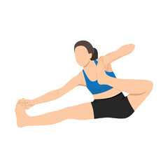 Obraz na płótnie Canvas Woman performs yoga asana Akarna Dhanurasana or Ardzhunasana (Archer Pose orÂ Pose Arjuna) on rug. Flat vector illustration isolated on white background
