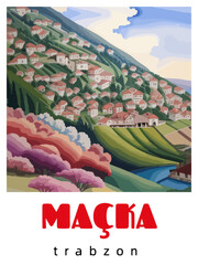 Maçka: Retro tourism poster with a Turkish landscape and the headline Maçka / Trabzon - obrazy, fototapety, plakaty