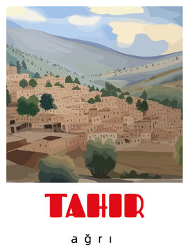 Tahir: Retro tourism poster with a Turkish landscape and the headline Tahir / Ağrı