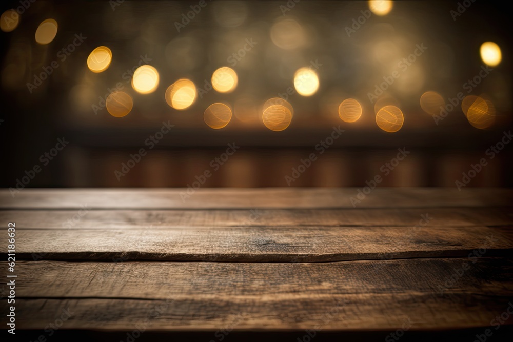 Poster rustic wooden table with bokeh lights in the background. generative ai